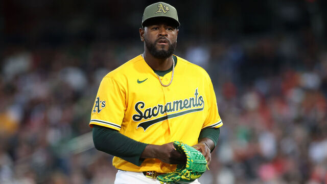 SACRAMENTO, CALIFORNIA - MAY 16: Luis Severino #40 of the Athletics walks to the dugout after the final out of the top of the sixth inning against the San Francisco Giants at Sutter Health Park on May 16, 2026 in Sacramento, California.