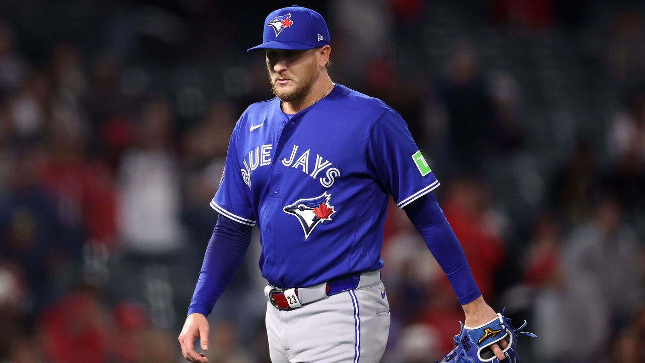 ANAHEIM, CALIFORNIA - APRIL 21: Jeff Hoffman #23 of the Toronto Blue Jays exits the game against the Los Angeles Angels during the ninth inning at Angel Stadium of Anaheim on April 21, 2026 in Anaheim, California.