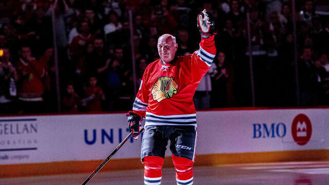 CHICAGO, IL - JANUARY 07: Former Chicago Blackhawks forward Dennis Hull is honored during One More Shift prior to a game between the Calgary Flames and the Chicago Blackhawks on January 7, 2019, at the United Center in Chicago, IL.