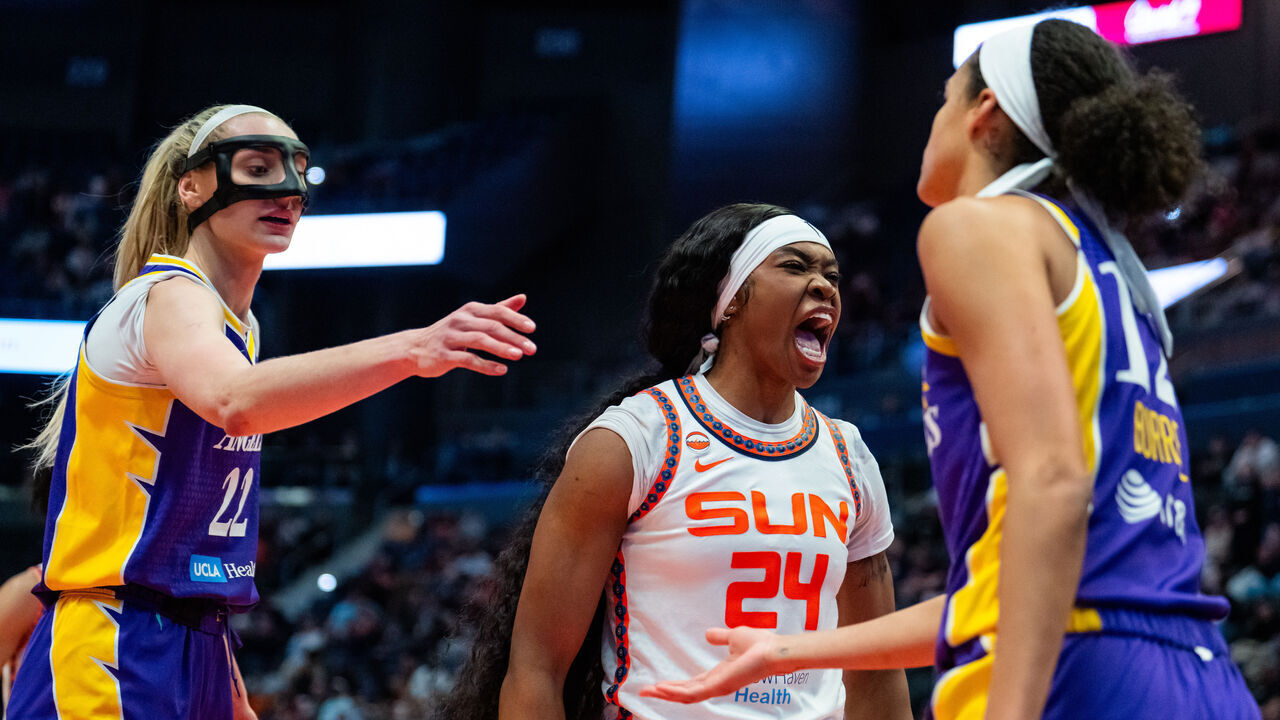 HARTFORD, CONNECTICUT - MAY 30: Aneesah Morrow #24 of the Connecticut Sun reacts during the second half of a WNBA basketball game against the Los Angeles Sparks at PeoplesBank Arena on May 30, 2026 in Hartford, Connecticut.