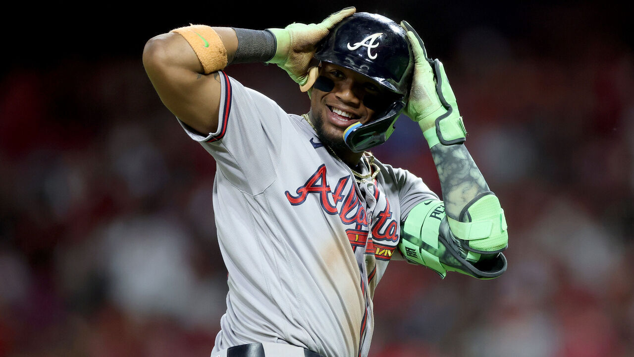 CINCINNATI, OHIO - MAY 30: Ronald Acuna Jr. #13 of the Atlanta Braves celebrates a hitting a home run in the ninth inning against the Cincinnati Reds at Great American Ball Park on May 30, 2026 in Cincinnati, Ohio.