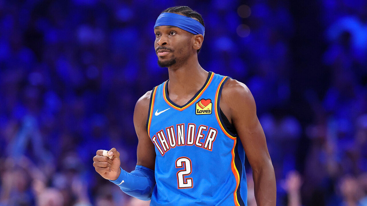 OKLAHOMA CITY, OKLAHOMA - MAY 30: Shai Gilgeous-Alexander #2 of the Oklahoma City Thunder celebrates a basket against the San Antonio Spurs during the third quarter in Game Seven of the NBA Western Conference Finals at Paycom Center on May 30, 2026 in Oklahoma City, Oklahoma.