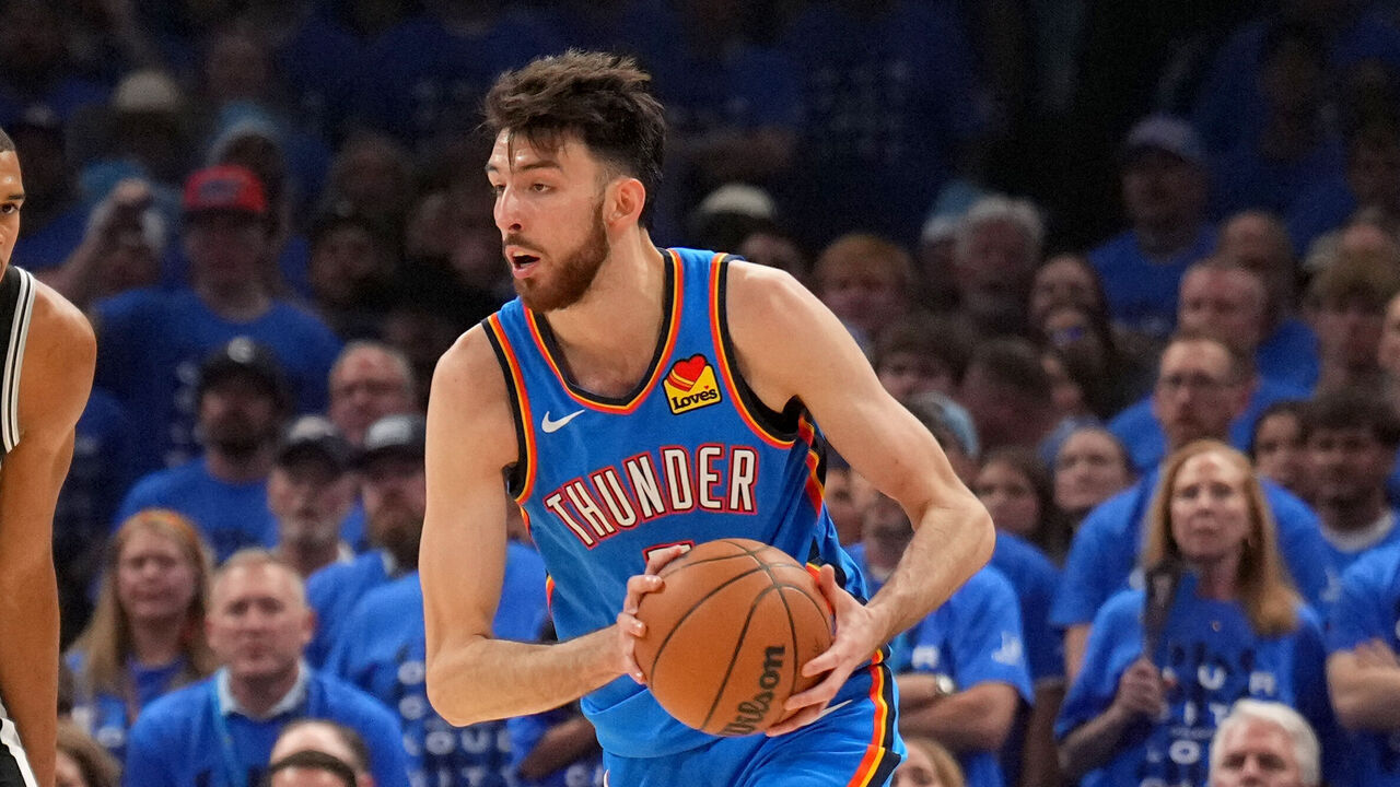 OKLAHOMA CITY, OK - MAY 30: Chet Holmgren #7 of the Oklahoma City Thunder dribbles the ball during the game against the San Antonio Spurs during Game Seven of the NBA Western Conference Finals on May 30, 2026 at Paycom Center in Oklahoma City, Oklahoma. Mandatory Copyright Notice: Copyright 2026 NBAE