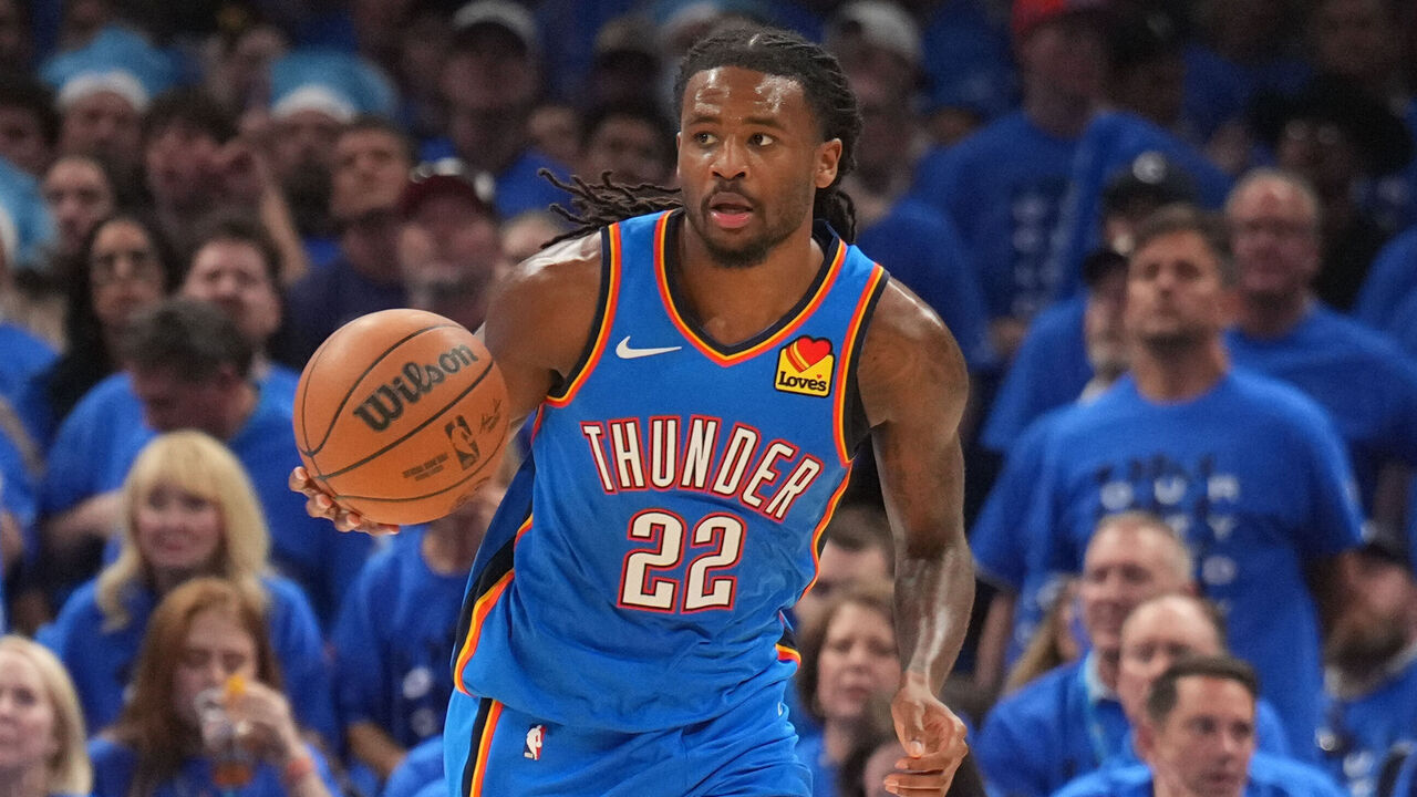 OKLAHOMA CITY, OK - MAY 30: Cason Wallace #22 of the Oklahoma City Thunder dribbles the ball during the game against the San Antonio Spurs during Game Seven of the NBA Western Conference Finals on May 30, 2026 at Paycom Center in Oklahoma City, Oklahoma. Mandatory Copyright Notice: Copyright 2026 NBAE
