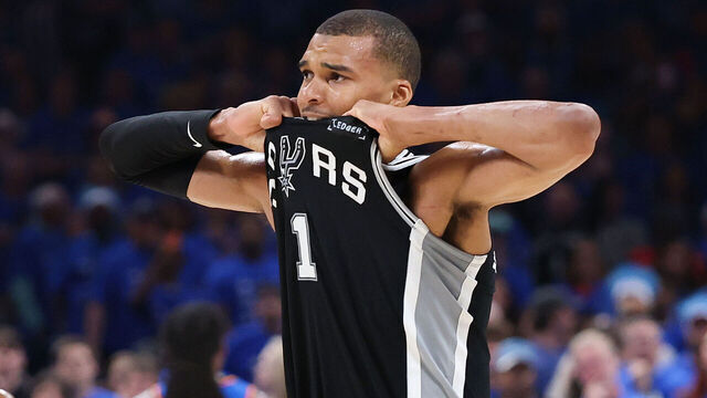 OKLAHOMA CITY, OKLAHOMA - MAY 30: Victor Wembanyama #1 of the San Antonio Spurs reacts against the Oklahoma City Thunder during the fourth quarter in Game Seven of the NBA Western Conference Finals at Paycom Center on May 30, 2026 in Oklahoma City, Oklahoma.