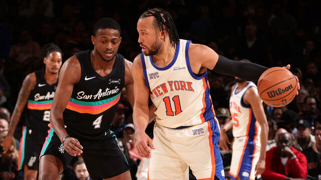 NEW YORK, NY - MARCH 1: Jalen Brunson #11 of the New York Knicks dribbles the ball during the game against the San Antonio Spurs on March 1, 2026 at Madison Square Garden in New York City, New York. Mandatory Copyright Notice: Copyright 2026 NBAE
