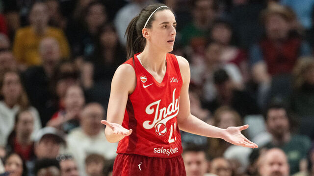 PORTLAND, OREGON - MAY 30: Caitlin Clark #22 of the Indiana Fever reacts after a foul was called during the first half of the game against the Portland Fire at Moda Center on May 30, 2026 in Portland, Oregon.