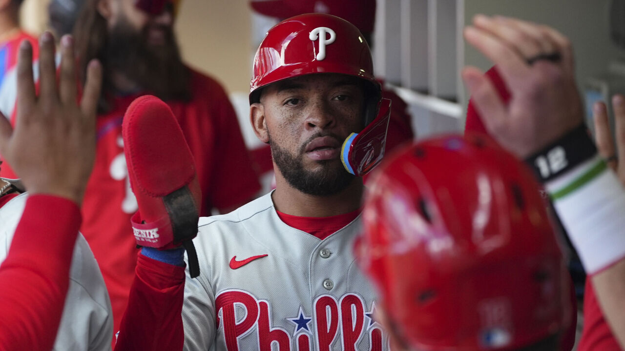 SAN DIEGO, CA - MAY 27: Edmundo Sosa #33 of the Philadelphia Phillies celebrates in the dugout during the game between the Philadelphia Phillies and the San Diego Padres at Petco Park on Wednesday, May 27, 2026 in San Diego, California.