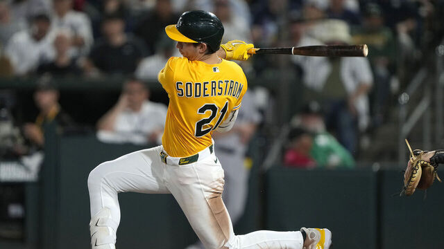 SACRAMENTO, CALIFORNIA - MAY 30: Tyler Soderstrom #21 of the Athletics hits a double against the New York Yankees in the bottom of the eighth inning of a major league baseball game at Sutter Health Park on May 30, 2026 in Sacramento, California.