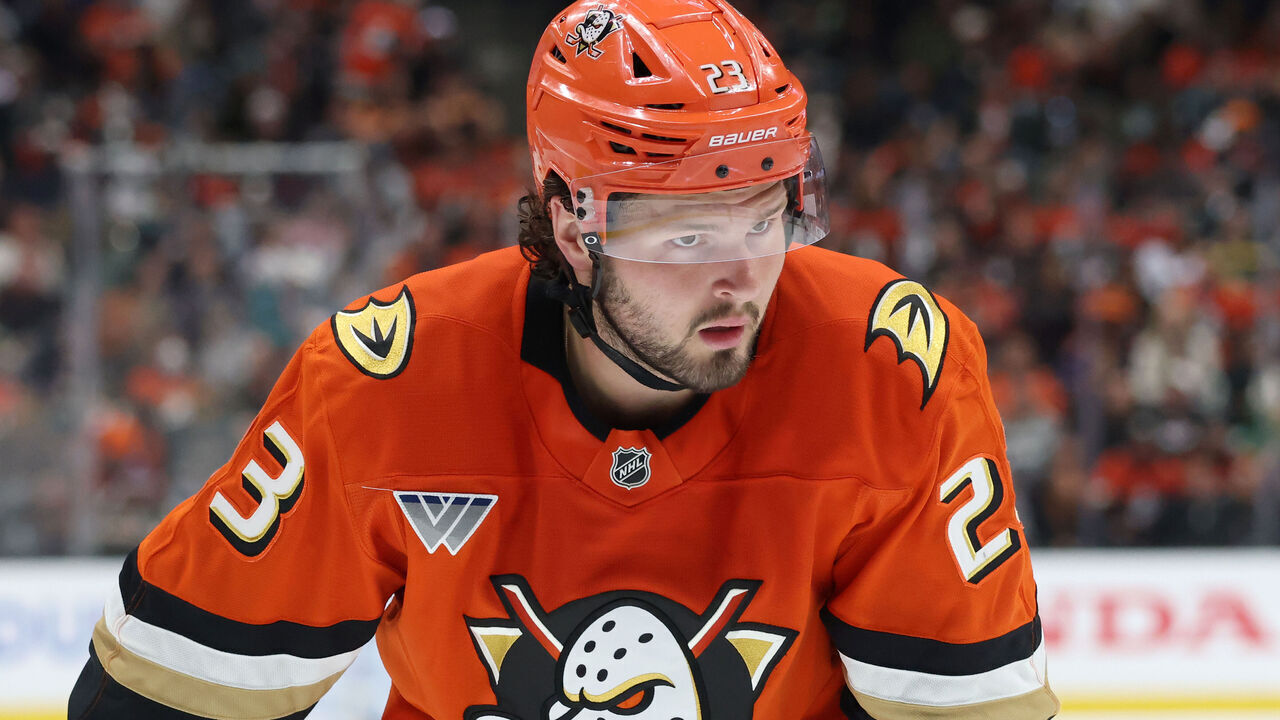 ANAHEIM, CA - APRIL 30: Mason McTavish #23 of the Anaheim Ducks looks on during the game against the Edmonton Oilers in Game Six of the First Round of the 2026 Stanley Cup Playoffs at Honda Center on April 30, 2026 in Anaheim, California.