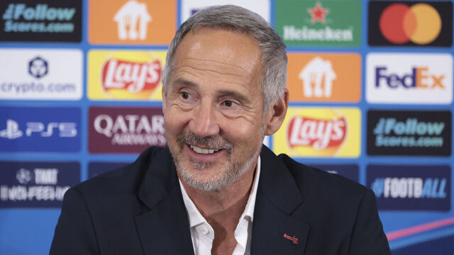MONACO, MONACO - OCTOBER 1: Coach of AS Monaco Adolf Adi Hutter speaks to the media during the post-match press conference following the UEFA Champions League 2025/26 League Phase MD2 football match between AS Monaco (ASM) and Manchester City at Stade Louis II on October 1, 2025 in Monaco, Monaco.