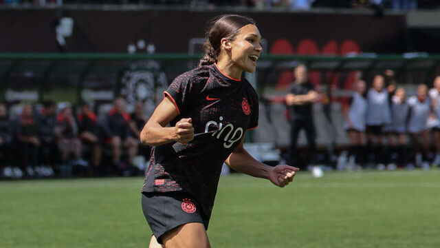 PORTLAND, OR - MAY 30: Sophia Wilson #9 of Portland Thorns FC celebrates a goal during a game between Utah Royals FC and Portland Thorns FC at Providence Park on May 30, 2026 in Portland, Oregon.