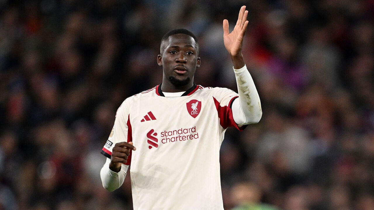 BIRMINGHAM, ENGLAND - MAY 15: (THE SUN OUT, THE SUN ON SUNDAY OUT) Ibrahima Konate of Liverpool gestures during the Premier League match between Aston Villa and Liverpool at Villa Park on May 15, 2026 in Birmingham, England.