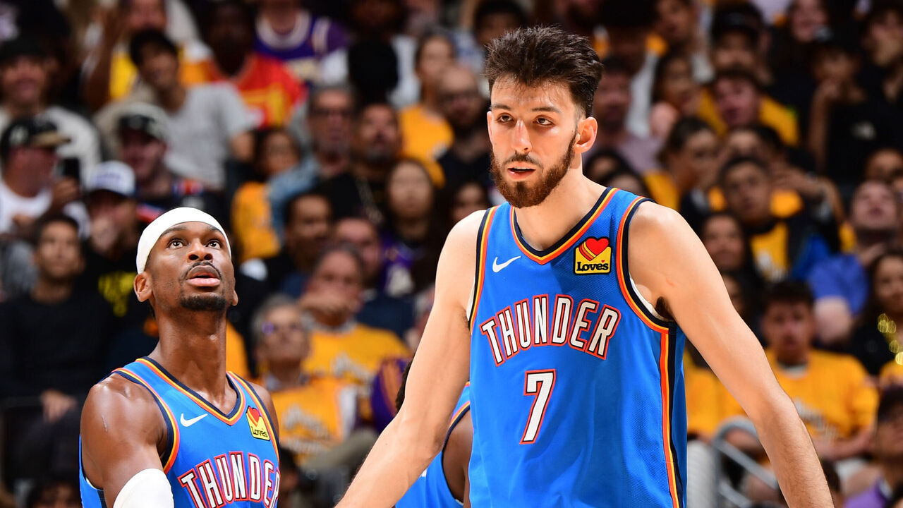 LOS ANGELES, CA - MAY 11: Shai Gilgeous-Alexander #2 and Chet Holmgren #7 of the Oklahoma City Thunder high five during the game against the Los Angeles Lakers during Round Two Game Four of the 2026 NBA Playoffs on May 11, 2026 at Crypto.Com Arena in Los Angeles, California. NOTE TO USER: User expressly acknowledges and agrees that, by downloading and/or using this Photograph, user is consenting to the terms and conditions of the Getty Images License Agreement. Mandatory Copyright Notice: Copyright 2026 NBAE