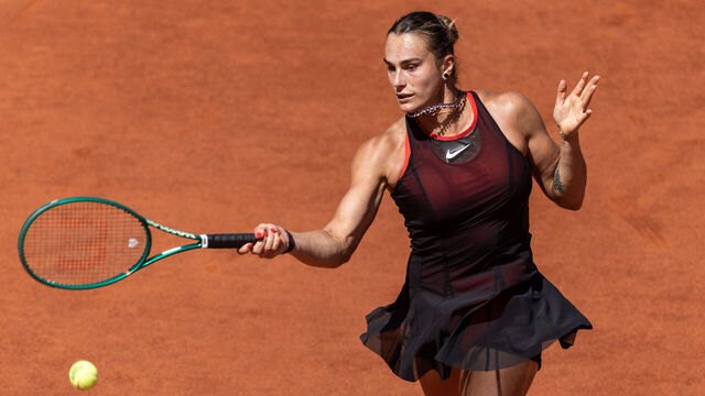 Aryna Sabalenka competes in her women's singles match against Daria Kasatkina on day 7 of the French Open tennis tournament on Court Suzanne Lenglen at the Roland-Garros Complex in Paris, France.