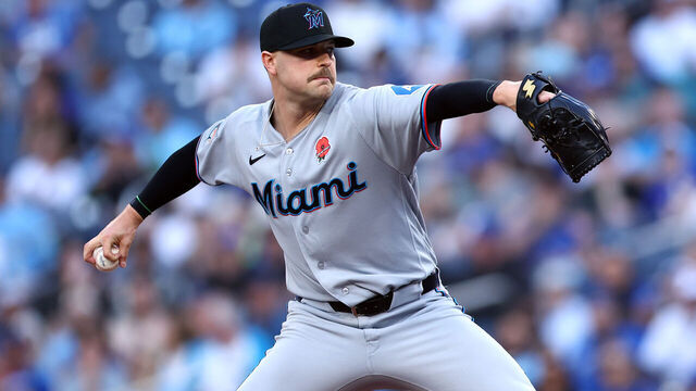 TORONTO, ON - MAY 25: Janson Junk #26 of the Miami Marlins pitches during a game against the Toronto Blue Jays at Rogers Centre on May 25, 2026 in Toronto, Ontario, Canada.