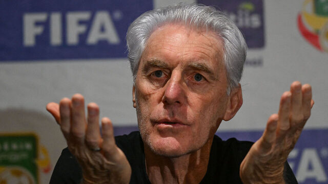 South Africa's coach Hugo Broos gestures during a press conference ahead of FIFA World Cup 2026 Africa group qualifier football match between Sout Africa and Benin in Abidjan on March 24, 2025.