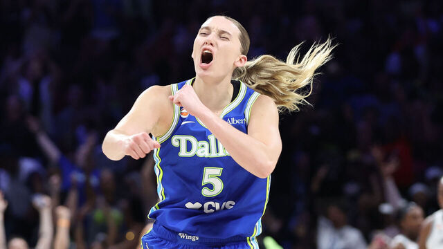 ARLINGTON, TX - MAY 28: Paige Bueckers #5 of the Dallas Wings celebrates during the game against the Las Vegas Aces on May 28, 2026 at the College Park Center in Arlington, TX. Mandatory Copyright Notice: Copyright 2026 NBAE