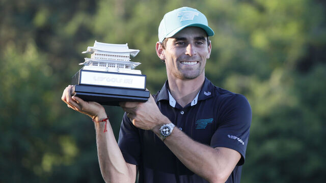 Joaquin Niemann of TORQUE GC reacts during the win ceremony after the final round of LIV Golf Korea at Asiad GC in Busan, South Korea, on May 31, 2026.