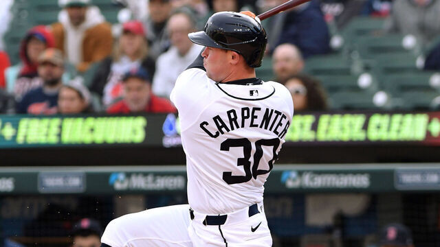 DETROIT, MI - MAY 06: Kerry Carpenter #30 of the Detroit Tigers bats during the game against the Boston Red Sox at Comerica Park on May 6, 2026 in Detroit, Michigan. The Red Sox defeated the Tigers 4-0.