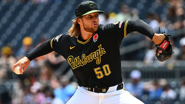 PITTSBURGH, PENNSYLVANIA - MAY 25: Carmen Mlodzinski #50 of the Pittsburgh Pirates pitches in the first inning during the game against the Chicago Cubs at PNC Park on May 25, 2026 in Pittsburgh, Pennsylvania.