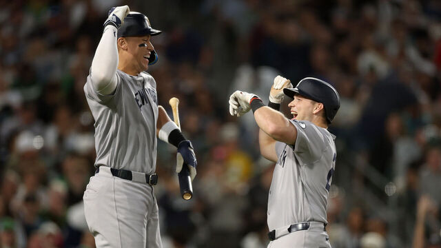SACRAMENTO, CALIFORNIA - MAY 29: Ben Rice #22 of the New York Yankees is congratulated by Aaron Judge #99 after he hit a home run against the Athletics in the seventh inning at Sutter Health Park on May 29, 2026 in Sacramento, California.