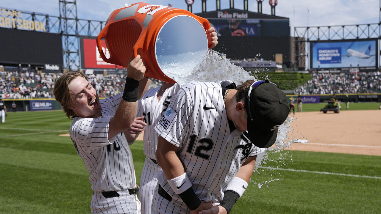 CHICAGO, IL - MAY 31: Colson Montgomery (12) of the Chicago White Sox is doused with Gatorade by Chase Meidroth (10) after the win during an MLB game against the Detroit Tigers on May 31, 2026 at Rate Field in Chicago, Illinois.