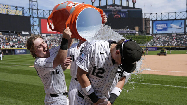 CHICAGO, IL - MAY 31: Colson Montgomery (12) of the Chicago White Sox is doused with Gatorade by Chase Meidroth (10) after the win during an MLB game against the Detroit Tigers on May 31, 2026 at Rate Field in Chicago, Illinois.