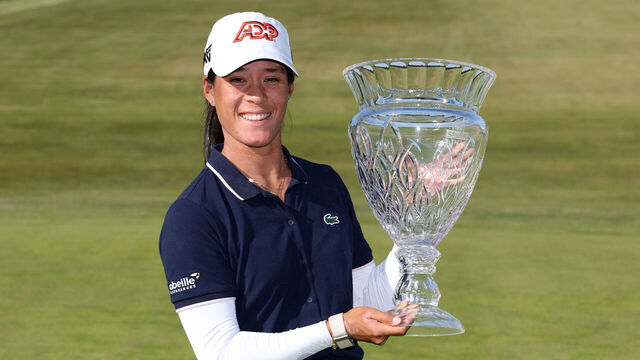 GALLOWAY, NEW JERSEY - MAY 31: Celine Boutier of France poses with the trophy after putting in to win on the 18th green during the final round of the ShopRite LPGA powered by Wakefern 2026 at Seaview Bay Course on May 31, 2026 in Galloway, New Jersey.