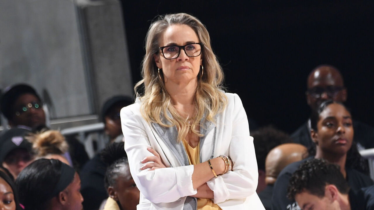 SAN FRANCISCO, CA - MAY 31: Head Coach Becky Hammon of the Las Vegas Aces looks on during the game against the Golden State Valkyries on May 31, 2026 at Chase Center in San Francisco, California. NOTE TO USER: User expressly acknowledges and agrees that, by downloading and or using this photograph, user is consenting to the terms and conditions of Getty Images License Agreement. Mandatory Copyright Notice: Copyright 2026 NBAE