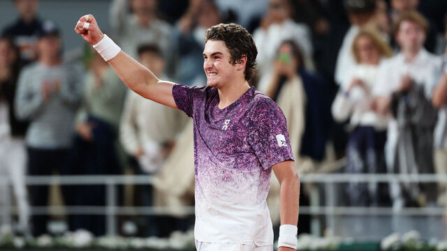 PARIS, FRANCE - MAY 31: Joao Fonseca of Brazil shows appreciation to the crowd as he celebrates after victory over Casper Ruud of Norway in their Men's Singles Fourth Round match on Day Eight of the 2026 French Open at Roland Garros on May 31, 2026 in Paris, France.