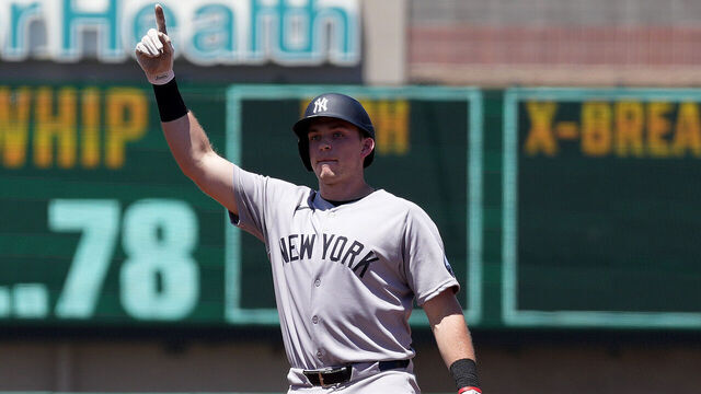SACRAMENTO, CALIFORNIA - MAY 31: Ben Rice #22 of the New York Yankees reacts after hitting a two-run RBI double against the Athletics in the top of the third inning at Sutter Health Park on May 31, 2026 in Sacramento, California.
