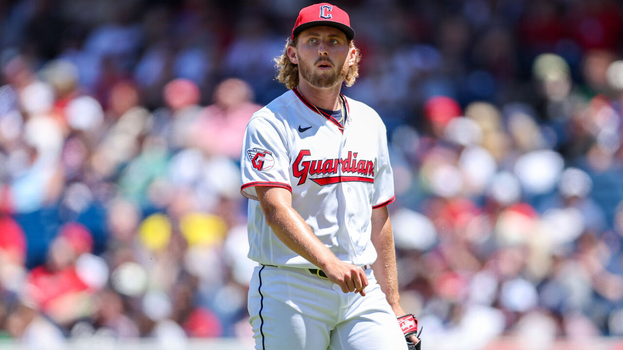 CLEVELAND, OH - MAY 31: Cleveland Guardians starting pitcher Tanner Bibee (28) leaves the mound following the first inning of the Major League Baseball game between the Boston Red Sox and Cleveland Guardians on May 31, 2026, at Progressive Field in Cleveland, OH.