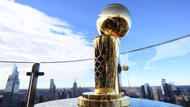 NEW YORK, NY - OCTOBER 16: A generic photo of the Larry O'Brien championship trophy during the NBC Sports and Rockefeller Center 30 Rocks Activation in Celebration of the NBA's Return to NBC and Peacock on October 16, 2025 at Rockefeller Center in New York , New York. Mandatory Copyright Notice: Copyright 2025 NBAE