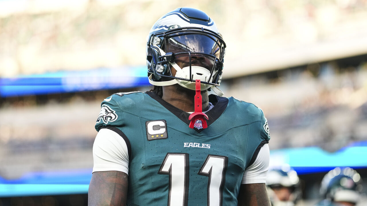 PHILADELPHIA, PA - JANUARY 11: A.J. Brown #11 of the Philadelphia Eagles warms up prior to an NFL wild card playoff football game against the San Francisco 49ers at Lincoln Financial Field on January 11, 2026 in Philadelphia, Pennsylvania.
