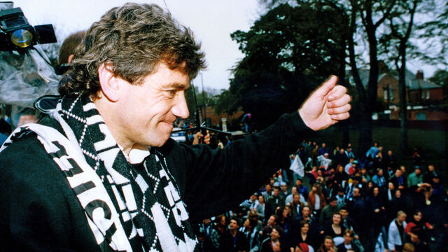 Newcastle United win the First Division. Manager Kevin Keegan on the open top bus waves to fans during the bus parade, 10th May 1993.