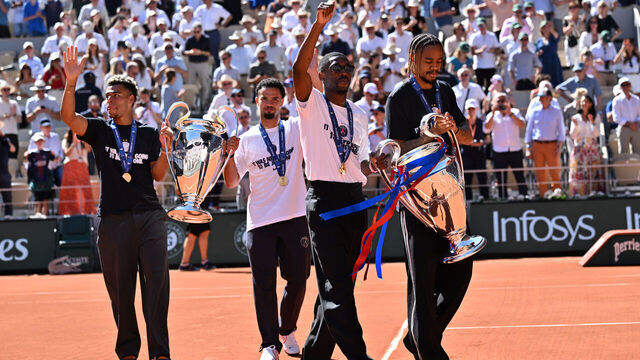 PARIS, FRANCE - JUNE 1: (L to R) Paris Saint-Germain's players Desire Doue, Warren Zaire-Emery, Ousmane Dembele and Bradley Barcola arrive to court with two UEFA Champions League's trophies on day 9 of the French Open tennis tournament at the Roland-Garros Complex in Paris on June 1, 2026.