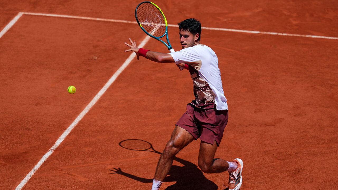 PARIS, FRANCE - MAY 28: Adolfo Daniel Vallejo of Paraguay plays a volley against Moise Kouame of France in the Men's Singles Second Round match on Day Five of the 2026 French Open at Roland Garros on May 28, 2026 in Paris, France.