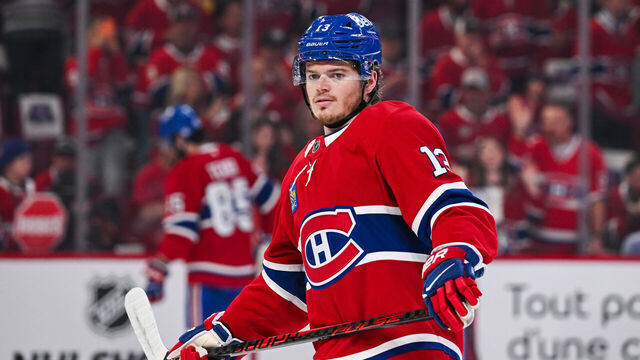 MONTREAL, QC - MAY 25: Look on Montreal Canadiens right wing Cole Caufield (13) during warm-up before game three of the NHL Stanley Cup Playoffs Eastern Conference Final between the Carolina Hurricanes and the Montreal Canadiens on May 25, 2026, at Bell Centre in Montreal, QC
