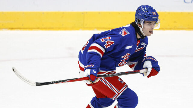 FLINT, MI - OCTOBER 8: Kitchener Rangers forward Jack Pridham #24 skates without the puck during a game between the Kitchener Rangers and Flint Firebirds at Dort Financial Center on October 8, 2025 in Flint, Michigan.