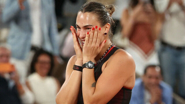 Aryna Sabalenka reacts to her victory at the end of her women's singles match against Japan's Naomi Osaka on day 9 of the French Open tennis tournament on Court Philippe-Chatrier at the Roland-Garros Complex in Paris on June 1, 2026.