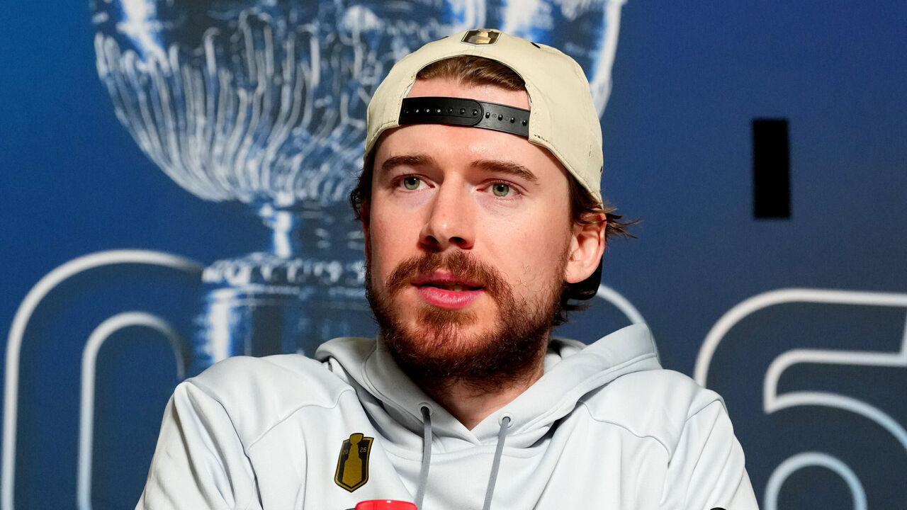 RALEIGH, NORTH CAROLINA - JUNE 01: Goaltender Carter Hart #79 of the Vegas Golden Knights speaks at a press conference on Media Day ahead of the 2026 Stanley Cup Final at Lenovo Center on June 01, 2026 in Raleigh, North Carolina.