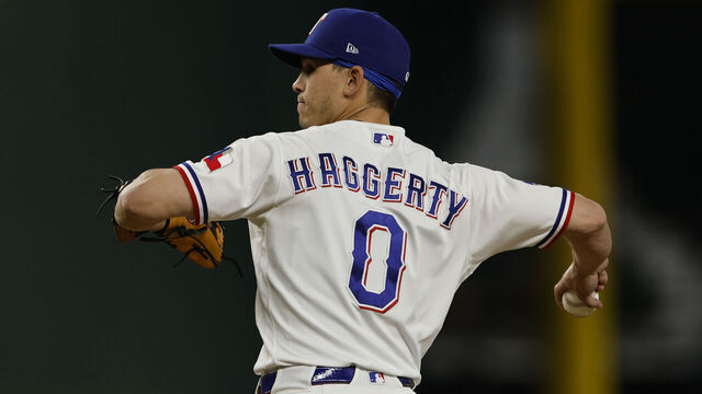 ARLINGTON, TEXAS - MAY 25: Sam Haggerty #0 of the Texas Rangers pitches against the Houston Astros at Globe Life Field on May 25, 2026 in Arlington, Texas.
