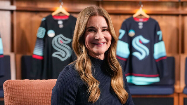 SEATTLE, WASHINGTON - MAY 28: Melinda French Gates and Samantha Holloway, majority owner of One Roof Sports and Entertainment and the Seattle Kraken, pose for a portrait at Climate Pledge Arena on May 28, 2026 in Seattle, Washington.