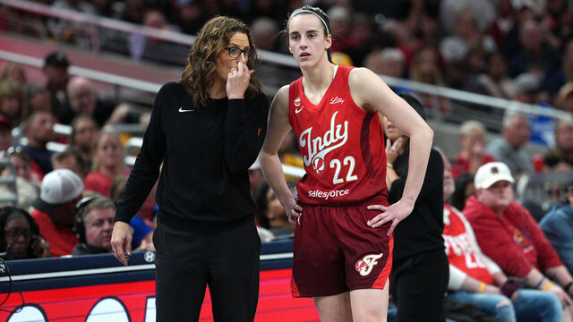 INDIANAPOLIS, IN - MAY 22: Head Coach Stephanie White of the Indiana Fever and Caitlin Clark #22 of the Indiana talk during the game against the Golden State Valkyries on May 22, 2026 at the Gainbridge Fieldhouse in Indianapolis, Indiana. Mandatory Copyright Notice: Copyright 2026 NBAE