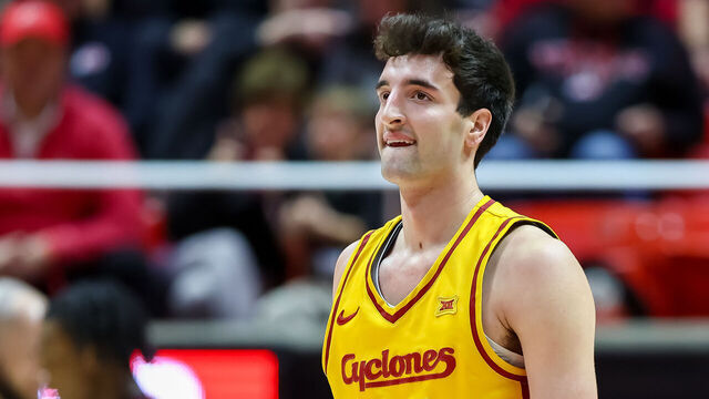 SALT LAKE CITY, UTAH - FEBRUARY 24: Milan Momcilovic #22 of the Iowa State Cyclones looks on during the first half of the game between Iowa State Cyclones and Utah Utes at Jon M. Huntsman Center on February 24, 2026 in Salt Lake City, Utah.