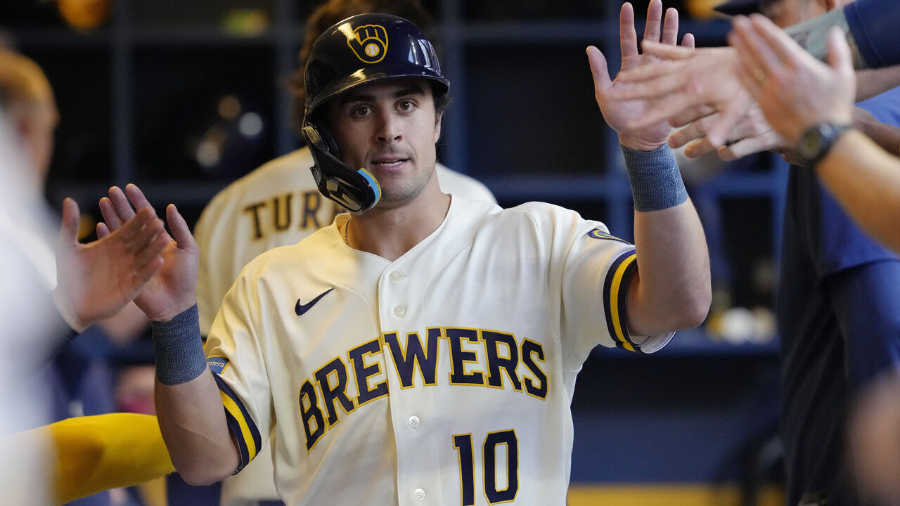 MILWAUKEE, WISCONSIN - JUNE 01: Sal Frelick #10 of the Milwaukee Brewers celebrates in the dugout after scoring a run against the San Francisco Giants during the second inning at American Family Field on June 01, 2026 in Milwaukee, Wisconsin.