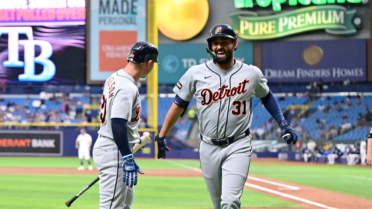 ST PETERSBURG, FLORIDA - JUNE 01: Riley Greene #31 celebrates with Spencer Torkelson #20 of the Detroit Tigers after hitting a home run in the third inning against the Tampa Bay Rays at Tropicana Field on June 01, 2026 in St Petersburg, Florida.