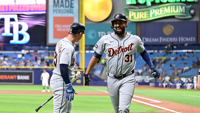 ST PETERSBURG, FLORIDA - JUNE 01: Riley Greene #31 celebrates with Spencer Torkelson #20 of the Detroit Tigers after hitting a home run in the third inning against the Tampa Bay Rays at Tropicana Field on June 01, 2026 in St Petersburg, Florida.