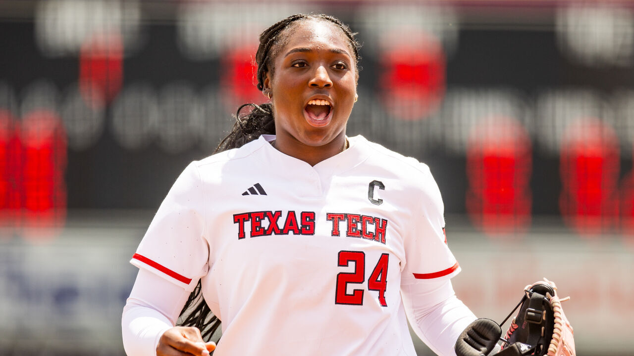 LUBBOCK, TEXAS - MAY 02: NiJaree Canady #24 of the Texas Tech Red Raiders reacts after a strikeout during the game against the Baylor Bears at Tracy Sellers Field on May 02, 2026 in Lubbock, Texas. Canady pitched a perfect game, earning her third no-hitter.